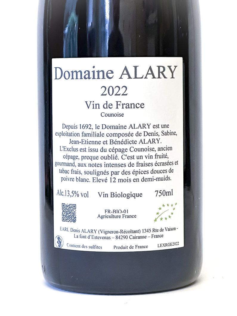 Vin de Principauté d'Orange Denis et Daniel Alary  L'Exclus BIO 2022 75 cl Rouge
