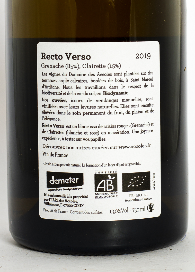 Vin de France Accoles recto verso BIO 2019 75 cl Blanc
