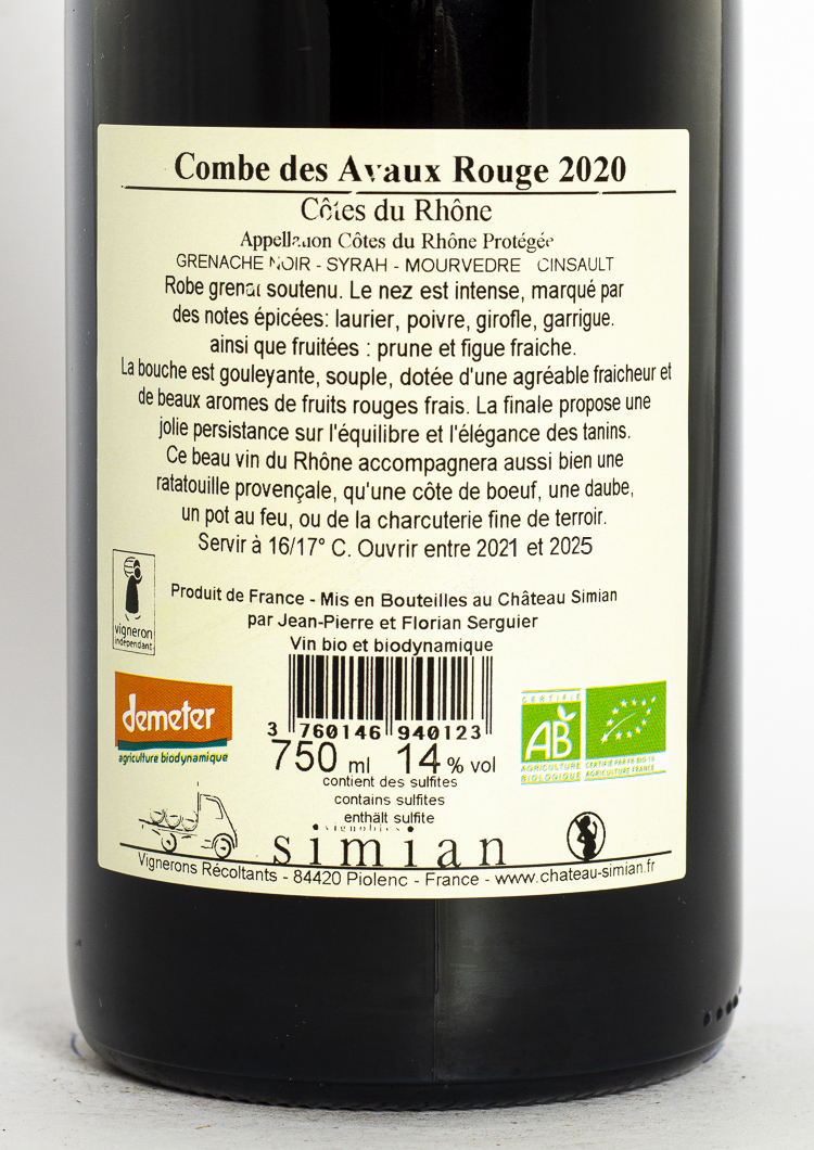 Côtes du Rhône Simian combes des avaux BIO 2020 75 cl Rouge