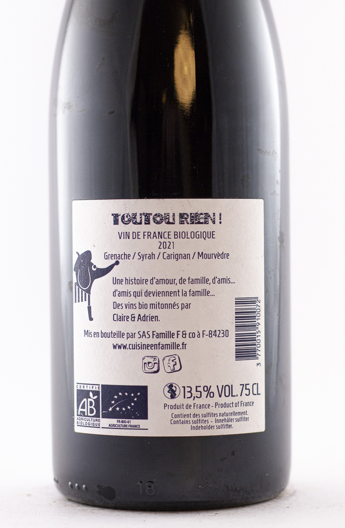 Vin de France, sans sulfites ajoutés Cuisine en Famille Toutou Rien BIO 2021 75 cl Rouge