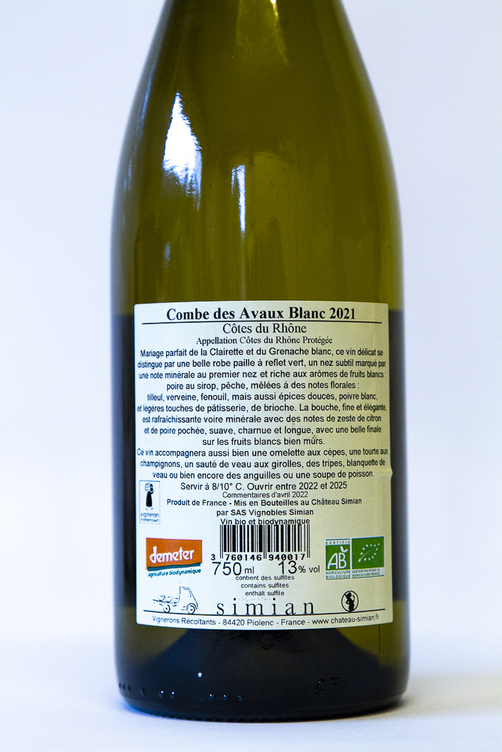 Côtes du Rhône Simian Combes des Avaux BIO 2021 75 cl Blanc